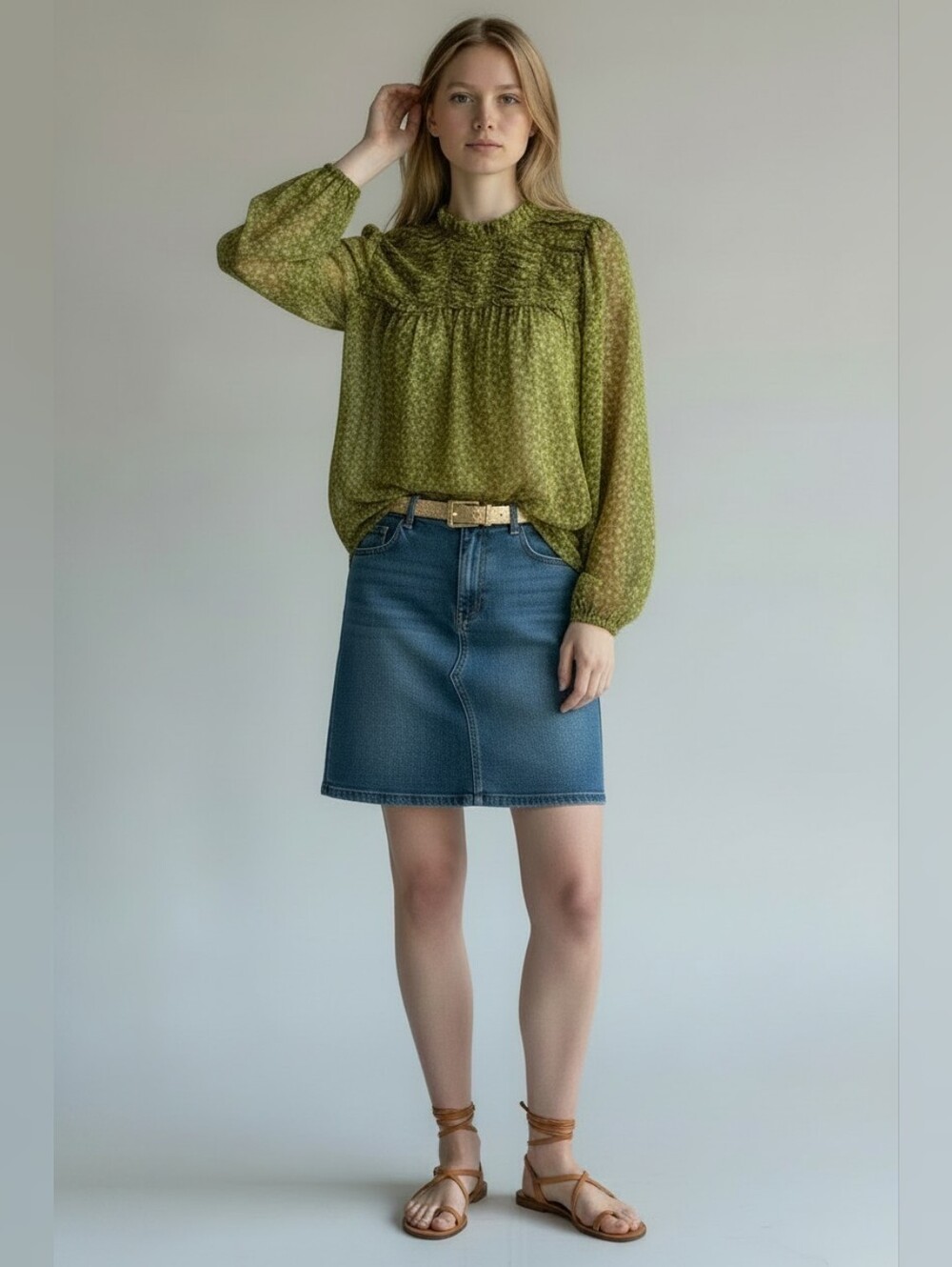 Sheer Chartreuse With Gold Accent Blouse SZ L